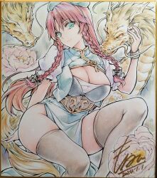 1girl alternate_costume backward-facing_horns black_bow bow braid breasts cleavage cleavage_cutout closed_mouth clothing_cutout commentary_request dated dragon eastern_dragon flower flower_request green_eyes grey_thighhighs hair_bow hat highres hong_meiling horns large_breasts long_hair looking_at_viewer monety pelvic_curtain pink_flower red_hair shikishi short_sleeves side_slit signature smile solo thighhighs touhou traditional_media twin_braids underbust whiskers yellow_fur