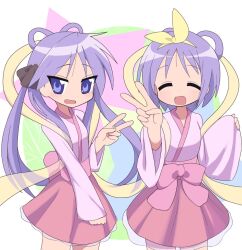 2girls birthday black_bow bow closed_eyes feixianji_(hairstyle) hagoromo happy hiiragi_kagami hiiragi_tsukasa japanese_clothes kimono lucky_star multiple_girls onihoppe pink_bow pink_kimono pink_skirt purple_hair ribbon shawl skirt star_(symbol) tanabata tareme tsurime twintails v yellow_ribbon