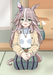 172cm 1girl animal_ears blurry blurry_background blush breasts casual commentary_request full_body green_eyes grey_hair hair_ornament highres horse_ears horse_girl horse_tail jewelry looking_at_viewer necklace open_mouth seiza sitting small_breasts solo tail thick_eyebrows umamusume wonder_acute_(umamusume)