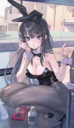 Rule 34 | 1girl, animal ears, black bow, black bowtie, black hair, black leotard, black pantyhose, blue eyes, blush, bottle, bow, bowtie, breasts, cleavage, collar, detached collar, fake animal ears, food, hair ornament, hairclip, highres, large breasts, leotard, long hair, looking at viewer, maeshima shigeki, pantyhose, playboy bunny, pocky, rabbit ears, rabbit hair ornament, rabbit tail, sakurajima mai, seishun buta yarou, solo, strapless, strapless leotard, tail, water bottle, white collar, wrist cuffs
