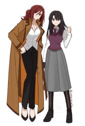 Rule 34 | aozaki touko, black hair, coat, glasses, grey skirt, highres, jewelry, kara no kyoukai, kokutou azaka, necklace, necktie, red hair, shintyoi2, shirt, skirt, smile, white shirt