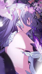 1girl absurdres backless_outfit bare_shoulders bright_pupils bug butterfly castorice_(honkai:_star_rail) crown_of_thorns earrings flower from_side gloves hair_flower hair_ornament hand_in_own_hair hand_up highres holding holding_own_hair honkai:_star_rail honkai_(series) insect jewelry long_hair looking_at_viewer looking_back official_art parted_lips pink_flower pointy_ears purple_butterfly purple_eyes purple_flower purple_gloves purple_hair purple_theme sideways_mouth solo third-party_edit third-party_source thorns very_long_hair white_pupils