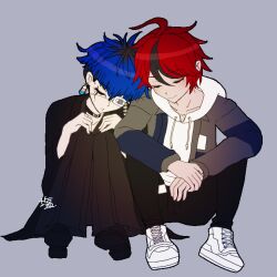 Rule 34 | 2boys, ahoge, black hair, black pants, blue hair, closed eyes, closed mouth, collar, collarbone, cuddling, drawstring, earrings, full body, grey background, hair between eyes, japanese clothes, jewelry, long sleeves, male focus, messy hair, multicolored hair, multiple boys, omokage yugamu, pants, red hair, shirt, simple background, sitting, sleeping, streaked hair, the hundred line -last defense academy-, white shirt, yaoi
