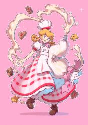 1girl apron blonde_hair blue_eyes boots braid braided_hair_rings brooch brown_boots checkerboard_cookie chef_hat cookie cream earrings food full_body hair_rings hat highres holding holding_pastry_bag jewelry long_skirt looking_at_viewer mario_(series) nintendo official_alternate_costume pastry_bag patissiere_peach pink_background pink_lips plaid_clothes plaid_skirt princess_peach princess_peach:_showtime! puffy_short_sleeves puffy_sleeves red_skirt saiwo_(saiwoproject) short_sleeves simple_background skirt solo sphere_earrings super_star_(mario) thumbprint_cookie two-tone_skirt white_apron white_hat white_skirt