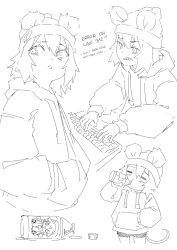 1girl :o :t absurdres animal_ears bags_under_eyes beanie bike_shorts blush bottle bottle_cap clenched_teeth closed_eyes commentary computer_keyboard cow_girl cropped_legs cropped_torso deformed dot_nose double-parted_bangs drawstring drinking ears_through_headwear empty_bottle english_commentary english_text eyebrows_hidden_by_hair from_side frown frustrated furrowed_brow grimace hair_between_eyes half-closed_eyes hand_in_pocket hand_up hands_in_pockets hands_up hat highres holding holding_bottle hood hood_down hoodie large_head_wings leaning_back leaning_forward lineart long_eyelashes long_hoodie long_sleeves looking_back looking_to_the_side looking_up medium_hair milk milk_bottle mouse_ears mouse_girl mouse_tail multiple_views narrowed_eyes o_o original perl_(vertigris) programming_(topic) puddle puffy_long_sleeves puffy_sleeves raised_eyebrows raised_inner_eyebrows sidelocks simple_background sketch striped_blush tail talking teeth thick_eyelashes triangle_mouth typing vertigris white_background