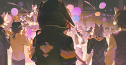 Rule 34 | 1girl, 6+others, absurdres, animal ears, arknights, armband, balloon, black gloves, black hat, black jacket, black shirt, brown hair, building, chinese commentary, commentary request, confetti, crowd, crownslayer (arknights), dopperu ben, facing away, feet out of frame, gloves, grey hair, grey necktie, grey vest, hat, highres, hood, hooded jacket, jacket, lamppost, mask, multiple others, necktie, outdoors, red hair, shirt, stage, string of flags, upper body, vest, white necktie, white vest