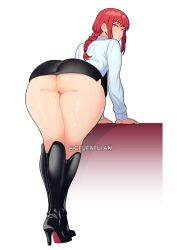 1girl arm_support artist_name ass ass_focus black_boots black_skirt boots braid celebelian chainsaw_man collared_shirt commission from_behind high_heel_boots high_heels highres light_blush looking_back makima_(chainsaw_man) mole mole_on_thigh no_panties parted_lips red_hair ringed_eyes shirt sidelocks single_braid skirt thick_thighs thighs white_shirt yellow_eyes zipper