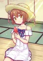 1girl brown_eyes brown_hair commentary_request cowboy_shot dress food fruit hat izumi_shara kantai_collection looking_at_viewer official_alternate_costume short_hair sitting smile solo spaghetti_strap straw_hat sun_hat sundress tatami watermelon white_dress yukikaze_(kancolle) yukikaze_(summer)_(kancolle)