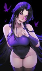 1girl absurdres bare_shoulders black_hair breasts curvy gloves highleg highleg_leotard highres large_breasts leotard limart long_hair looking_at_viewer marvel marvel_rivals psylocke purple_eyes shiny_skin solo thighhighs very_long_hair wide_hips x-men