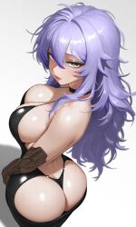 1girl absurdres ass ass_cutout black_choker black_dress black_panties blue_eyes breasts choker cleavage closed_mouth clothing_cutout cowboy_shot diamond-shaped_pupils diamond_(shape) dress from_above from_side hair_between_eyes hand_on_own_hip heterochromia highres large_breasts lipstick long_hair looking_at_viewer makeup me_o_wy original panties prosthesis prosthetic_arm purple_hair red_eyes red_lips revealing_clothes shadow shiny_clothes shiny_skin sideless_dress simple_background solo standing symbol-shaped_pupils thong underwear very_long_hair white_background