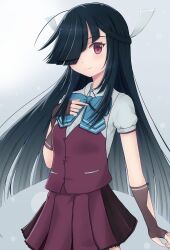 Rule 34 | 1girl, absurdres, aqua bow, black hair, bow, bowtie, brown eyes, dress, fingerless gloves, gloves, gradient background, green background, hair over one eye, hair ribbon, hayashimo (kancolle), hayashimo kai ni (kancolle), highres, hime cut, kantai collection, long hair, looking at viewer, natsumoto itsuki, ribbon, school uniform, shirt, short sleeves, sleeveless, sleeveless dress, solo, summer uniform, very long hair, white ribbon, white shirt