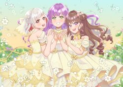 Rule 34 | 3girls, blue background, braid, breasts, brown hair, collarbone, colored inner hair, commentary request, crown braid, dress, drill hair, drill sidelocks, flower, flower-shaped hair, flower hands, frilled dress, frills, fujishima megumi, gradient background, green eyes, grey hair, grin, hair flower, hair ornament, highres, itsudemo itsumademo (love live!), link! like! love live!, long hair, looking at viewer, love live!, medium breasts, multicolored hair, multiple drills, multiple girls, off-shoulder dress, off shoulder, official alternate costume, open mouth, otomune kozue, purple eyes, purple hair, red eyes, red hair, sidelocks, smile, tamago (tmgo o), teeth, upper teeth only, virtual youtuber, white flower, yellow background, yellow dress, yugiri tsuzuri