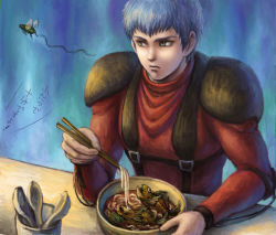 blue_hair bowl bug chirico_cuvie chopsticks fly food green_eyes insect male_focus noodles pilot_suit satou_toshio_(suisuisuisui) solo soukou_kihei_votoms spoon