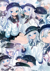 1girl :t =_= absurdres anchor_symbol black_hat black_sailor_collar black_skirt black_socks blue_eyes blush closed_eyes closed_mouth commentary_request flat_cap hair_between_eyes hat hibiki_(kancolle) highres kaamin_(mariarose753) kantai_collection long_hair long_sleeves multiple_views neckerchief one_eye_closed open_mouth red_neckerchief sailor_collar school_uniform serafuku sitting skirt socks star_(symbol) sweat v white_hair x_mouth