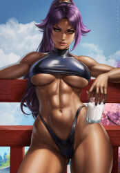 1girl abs against_railing black_leotard bleach blue_sky blush breasts cherry_blossoms cloud commentary contrapposto dandon_fuga dark-skinned_female dark_skin drinking_straw english_commentary glass highres jewelry large_breasts leotard long_hair looking_at_viewer milk navel ponytail purple_hair railing shihouin_yoruichi sky smile solo thighhighs yellow_eyes