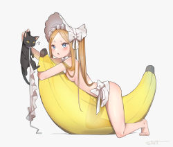 1girl :o ? abigail_williams_(fate) abigail_williams_(swimsuit_foreigner)_(fate) abigail_williams_(swimsuit_foreigner)_(third_ascension)_(fate) absurdres animal artist_name banana barefoot bikini bikini_bottom_only black_cat blonde_hair blue_eyes blush body_blush bonnet bow breast_press breasts cat fate/grand_order fate_(series) food fruit full_body highres holding holding_animal inflatable_banana inflatable_toy long_hair looking_at_animal microskirt open_mouth shiny_skin signature simple_background skirt skoll_world small_breasts solo swimsuit tareme thighs toes topless_female very_long_hair watermark white_background white_bikini white_headwear