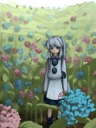 Rule 34 | 1girl, blue eyes, blue flower, blue hat, blue skirt, bow, bowtie, closed mouth, commentary request, cowboy shot, day, expressionless, flower, grey hair, hat, high ponytail, hydrangea, japanese clothes, kariginu, long hair, looking at viewer, mononobe no futo, outdoors, pink flower, pom pom (clothes), ponytail, purple bow, purple bowtie, ritsuzou, robe, skirt, sky, solo, touhou, unworn hat, unworn headwear, white robe, white sky