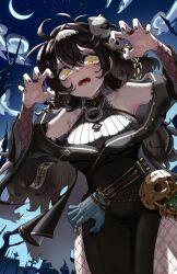 absurdres bare_shoulders black_dress black_hair black_nails breasts capelet chain commentary dress english_commentary fishnet_sleeves fishnets gold_chain grimmi_(vtuber) hair_ornament hand_ornament highres horror_(theme) indie_virtual_youtuber long_hair medium_breasts messy_hair mokimolewds nail_polish necromancer occult official_alternate_costume ofuda open_mouth pale_skin ringed_eyes skull skull_hair_ornament virtual_youtuber yellow_eyes
