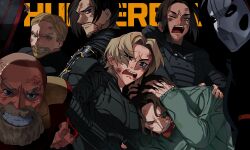 beard belt black_gloves black_hair blonde_hair bodysuit brown_hair bucky_barnes closed_mouth facial_hair fingerless_gloves ghost_(marvel) gloves gun highres jewelry john_walker looking_at_viewer marvel marvel_cinematic_universe mask os4_54 red_guardian_(marvel) sentry_(marvel) shield short_hair simple_background smile superhero_costume tears thunderbolts_(film) weapon yelena_belova