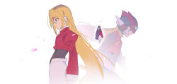 Rule 34 | 2boys, biometal, black eyes, blonde hair, blue eyes, cropped jacket, energy sword, forehead jewel, from side, girouette (mega man), glasses, helmet, highres, holding, holding sword, holding weapon, in-franchise crossover, jacket, long hair, mayutsuba mono, mega man (series), mega man zx, model z (mega man), multiple boys, pants, profile, red helmet, red jacket, robot ears, simple background, sketch, sword, weapon, white background, white pants, z saber, zero(z) (mega man), zero (mega man)