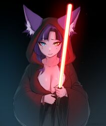 1girl absurdres animal_ear_fluff animal_ears awful_queen_(vtuber) black_cape black_cloak blue_eyes breasts cape cleavage cloak collarbone energy_sword fox_ears fox_girl heterochromia highres holding holding_sword holding_weapon hood hood_up hooded_cloak indie_virtual_youtuber lanhai large_breasts lightsaber looking_at_viewer monster_girl purple_hair raised_eyebrow sith solo star_wars sword virtual_youtuber weapon yellow_eyes