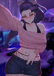 1girl artist_name black_choker black_hair black_nails black_pants black_shorts blurry blurry_background blush choker closed_mouth collarbone commission cropped_sweater elethia_nightraven fishnet_pantyhose fishnets highres indie_virtual_youtuber long_hair midriff myth1carts navel pants pantyhose pink_sweater ponytail red_eyes ribbed_sweater short_shorts shorts solo sweater thigh_gap virtual_youtuber