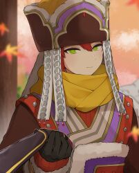 1boy 1girl ainu_clothes black_gloves blurry blurry_background closed_mouth cuilang_(rune_factory) eco_(comochz) gear-shaped_pupils gloves green_eyes hat highres holding_hands kaguya_(rune_factory) leaf looking_at_viewer red_hair rune_factory rune_factory:_guardians_of_azuma scarf solo_focus tree upper_body