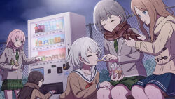 5girls bang_dream! bang_dream!_it&#039;s_mygo!!!!! black_hair blue_eyes blue_skirt blush bottle brown_dress brown_hair brown_jacket brown_scarf can chain-link_fence chihaya_anon closed_eyes closed_mouth collared_shirt commentary_request cookie diagonal-striped_clothes diagonal-striped_necktie dress feeding fence food green_necktie green_skirt grey_eyes grey_hair grey_jacket hanasakigawa_school_uniform haneoka_school_uniform highres hood hood_down hooded_jacket jacket kaname_raana long_hair long_sleeves multiple_girls mygo!!!!!_(bang_dream!) nagasaki_soyo neck_ribbon necktie novi_visual open_mouth pink_hair plaid_clothes plaid_scarf plaid_skirt pleated_skirt red_ribbon ribbon sailor_collar sailor_dress scarf scarf_tying school_uniform shiina_taki shirt short_hair sidelocks skirt striped_clothes takamatsu_tomori tsukinomori_school_uniform vending_machine white_hair white_sailor_collar white_shirt winter_clothes