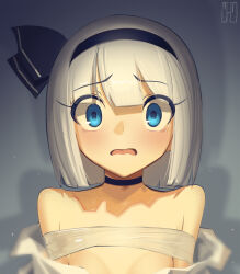 1girl bdsm black_bow black_choker black_hairband blue_eyes blunt_bangs blunt_ends bob_cut bondage bound bound_arms bow breasts cad_(caddo) choker commentary covered_erect_nipples gag hair_bow hairband highres konpaku_youmu light_blush looking_at_viewer medium_hair peanut_mouth portrait scared signature small_breasts solo tape tape_bondage touhou white_hair