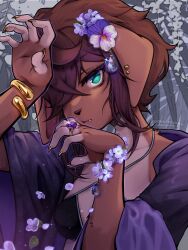 1girl :t animal_ear_piercing animal_ears artist_name bikini black_bikini body_fur bracelet breasts brown_fur brown_hair claw_pose claws coffeechicken commentary criss-cross_halter dog_ears dog_girl english_commentary fang floppy_ears flower furry furry_female gem glint green_eyes hair_flower hair_ornament hair_over_one_eye halterneck highres japanese_clothes jewelry kess_(coffeechicken) kimono open_clothes open_kimono original purple_kimono ring small_breasts solo swimsuit twitter_username upper_body