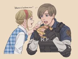Rule 34 | 1boy, 1girl, black gloves, black vest, blonde hair, blue shirt, blue vest, bulletproof vest, burger, collared shirt, eating, elbow pads, english text, fingerless gloves, food, gloves, hairband, hitsuji merry, holding, holding burger, holding food, holding tissue, leon s. kennedy, long hair, looking at another, open mouth, police, police uniform, red hairband, resident evil, resident evil 2, sherry birkin, shirt, shirt under shirt, short hair, sidelocks, sleeves rolled up, smile, sweatdrop, swept bangs, upper body, vest, white shirt, wiping mouth, yellow background