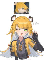 1girl animal_ear_fluff animal_ears black_gloves claw_pose collared_shirt colored_inner_hair elbow_gloves fingerless_gloves game_screenshot gloves green_eyes grey_shirt highres jacket ju_fufu long_hair multicolored_hair one_eye_closed open_mouth pla0658 shirt striped_fur tiger_ears tiger_girl tiger_stripes upper_body yellow_jacket zenless_zone_zero