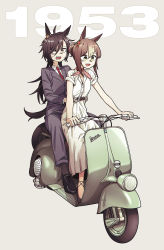 2girls absurdres air_shakur_(umamusume) animal_ears belt black_hair brown_hair clover_hair_ornament cosplay dress ear_ornament fine_motion_(umamusume) formal_clothes green_eyes hair_between_eyes hair_bun hair_ornament highres horse_ears horse_girl horse_tail joe_bradley_(roman_holiday) light_brown_hair long_dress long_hair medium_hair messy_hair motor_vehicle multicolored_hair multiple_girls neckerchief necktie neonfloyd orange_eyes pillion princess_ann_(roman_holiday) princess_ann_(roman_holiday)_(cosplay) red_necktie roman_holiday scooter sharp_teeth shoes sidelocks single_hair_bun suit sweatdrop tail teeth trait_connection two-tone_hair umamusume vespa white_dress