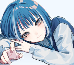 1girl aegyo_sal blue_hair blue_necktie blue_theme collared_shirt commentary_request grey_eyes highres long_sleeves looking_at_viewer multicolored_hair necktie original shirt sleeves_past_wrists solo streaked_hair two-tone_hair white_hair white_shirt yoruse