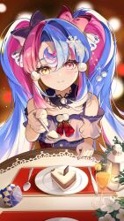 1girl absurdres alternate_costume bare_shoulders blue_hair blush bow cake cake_slice closed_mouth collar commentary_request cup drinking_glass food fruit hair_bow heterochromia highres holding holding_spoon incoming_food juice kokonex long_hair looking_at_viewer multiple_hair_bows orange_(fruit) orange_juice orange_slice pink_bow pink_eyes pink_hair pov_across_table purple_bow purple_collar purple_shirt roccia_(wuthering_waves) shirt smile solo spoon symbol-shaped_pupils twintails wuthering_waves x-shaped_pupils yellow_eyes