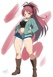 1girl aqua_jacket black_bow black_shirt blush boots bow breasts covered_erect_nipples cropped_shirt denim denim_shorts hands_in_pockets highres jacket long_hair looking_at_viewer mahou_shoujo_madoka_magica mahou_shoujo_madoka_magica_(anime) medium_breasts nagare_(flow) navel open_clothes open_fly open_jacket red_hair sakura_kyoko shirt short_shorts shorts simple_background smile solo white_background