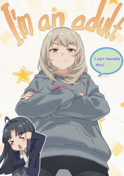 &gt;_&lt; 2girls absurdres ahoge awa_subaru black_hair black_pants blue_jacket closed_eyes closed_mouth commentary crossed_arms english_commentary english_text girls_band_cry grey_eyes grey_hair grey_hoodie grey_skirt highres hood hood_down hoodie jacket kawaragi_momoka long_hair long_sleeves multicolored_hair multiple_girls open_mouth outline pants parted_bangs roots_(hair) sidelocks skirt summer_left white_outline