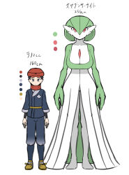 1boy 1girl alpha_pokemon black_hair bob_cut breasts cleavage closed_mouth color_guide colored_skin expressionless full_body galaxy_expedition_team_survey_corps_uniform gardevoir gen_3_pokemon green_hair green_skin grey_eyes hair_between_eyes hat height_chart height_difference highres large_breasts leg_warmers multicolored_skin newsboy_cap nintendo pero_(pero7762) pokemon pokemon_(creature) pokemon_legends:_arceus red_eyes red_hat red_scarf rei_(pokemon) sandals scarf short_hair simple_background standing tall_female translated two-tone_skin white_background white_skin