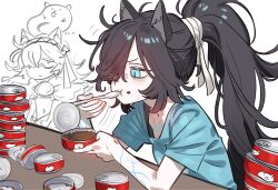 ... 2girls :t animal_ear_fluff animal_ears black_hair blue_eyes can cat_(nyanko_daisensou) cat_ears closed_mouth dark_kasli_(nyanko_daisensou) eating ebora food food_on_face hair_over_one_eye highres holding holding_can kasli_(nyanko_daisensou) long_hair messy_hair motion_lines multiple_girls nyanko_daisensou pet_food shirt short_sleeves simple_background solo_focus spoon table v-shaped_eyebrows white_background