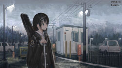 1girl artist_name black_hair black_jacket bollard cat cigarette closed_mouth collared_shirt commentary_request dated day grey_eyes grey_sky hair_ornament hairclip highres holding holding_cigarette instrument_case instrument_on_back jacket lamppost lanreta long_sleeves looking_to_the_side original outdoors parallel_hairclips parking_lot power_lines railing road scenery security_camera shirt short_hair sky skyline smoking solo white_shirt