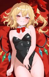 1girl absurdres alternate_costume animal_ears bare_arms bare_shoulders black_leotard blonde_hair bow bowtie breasts cleavage covered_navel crystal_wings detached_collar fake_animal_ears flandre_scarlet gluteal_fold grin hair_bow hand_on_own_crotch highleg highleg_leotard highres leotard long_hair looking_at_viewer one_side_up playboy_bunny pointy_ears rabbit_ears red_eyes small_breasts smile solo strapless strapless_leotard sweat thigh_gap thighs tillots touhou