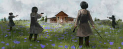 Rule 34 | 5girls, absurdres, aiming, black hair, blood, blood on clothes, bloody clothes, bloody dress, brown coat, cat, coat, dress, field, flower, flower field, gun, hairo (r228n), handgun, highres, holding, holding leash, house, leash, long sleeves, multiple girls, original, outdoors, short hair, sky, standing, weapon, white sky, wide shot
