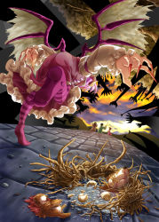 1girl amamizu_(myofuu_kai) angry animal_ears ass attack bent_over bird bird_ears blood child cloud cloudy_sky death egg eggshell feathered_wings feet female_focus fingernails from_behind from_below long_fingernails long_sleeves mystia_lorelei nest no_shoes pink_hair running sharp_fingernails sky soles solo sparrow standing striped thighhighs tiptoes touhou tree wings