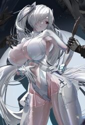 1girl 3others absurdres armpits bodysuit breasts center_opening cinderella_(nikke) clothing_cutout commentary disgustingtokki gloves goddess_of_victory:_nikke hair_over_one_eye highres large_breasts long_hair multiple_others navel red_eyes stomach_cutout twintails very_long_hair white_bodysuit white_gloves white_hair