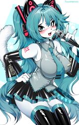 1girl absurdres animal_nose aqua_eyes aqua_hair aqua_nails aqua_necktie arm_tattoo bare_shoulders blush breasts cat_nose cat_tail collared_shirt eyelashes furry furry_female grey_shirt hand_on_own_hip hatsune_miku highres holding holding_microphone large_breasts latex long_hair looking_at_viewer microphone miniskirt nail_polish necktie open_mouth pleated_skirt sharp_teeth shirt simple_background skirt sleeveless sleeveless_shirt solo tail tattoo teeth thighhighs tweenstrip twintails very_long_hair vocaloid white_fur wide_hips