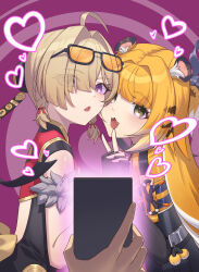 Rule 34 | 2girls, absurdres, animal print, black dress, blonde hair, braid, bun cover, cellphone, dress, eyewear on head, fingerless gloves, gloves, green eyes, hair over one eye, heart, highres, holding, holding hands, holding phone, ju fufu, long hair, looking at viewer, multiple girls, orange-tinted eyewear, orange hair, phone, pink background, pov, purple eyes, shixi, sleeveless, sleeveless dress, sunglasses, sweety (zenless zone zero), tiger print, tinted eyewear, v, zenless zone zero