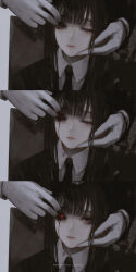 Rule 34 | 1girl, 1other, absurdres, aoi ogata, artist name, black hair, black jacket, black necktie, black sclera, clip studio paint (medium), closed mouth, collared shirt, colored sclera, commentary, english commentary, gloves, glowing, glowing eye, highres, jacket, long hair, long sleeves, necktie, one eye closed, original, red eyes, shirt, white gloves, white shirt
