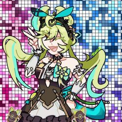 1girl ai_hyperion_lambda ai_hyperion_lambda_(leisurely_melody) dress green_hair hairband headphones honkai_(series) honkai_impact_3rd idol multicolored_hair non-web_source one_eye_closed open_mouth orange_eyes texhei.q upper_body