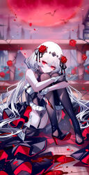 1girl artist_name black_boots black_gloves black_ribbon boots flower frilled_boots frills garter_straps gloves hair_flower hair_ornament hair_ribbon highres knees_up long_hair looking_at_viewer original outdoors red_eyes red_flower red_rose ribbon rose sheya signature sitting solo thigh_boots thighhighs very_long_hair white_hair