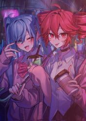 2girls :p ;d ahoge aqua_eyes aqua_hair bow bowtie breasts bubble_tea cardigan choker collared_shirt colored_tongue cup disposable_coffee_cup disposable_cup drill_hair fang fingernails hair_ornament hairpin hatsune_miku highres holding holding_cup holding_umbrella kasane_teto layered_clothes long_fingernails long_hair long_sleeves multiple_girls nail_polish one_eye_closed open_mouth pleated_skirt rain red_bow red_bowtie red_eyes red_hair school_uniform shirt skirt small_breasts smile striped_bow striped_bowtie striped_clothes tongue tongue_out triple_ryuunen twin_drills twintails umbrella upper_body utau vocaloid wing_collar yuuri_(0914yuuri_k)